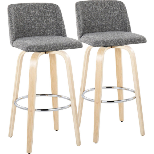 Toriano 30" Swivel Bar Stool in Natural Wood & Grey Noise Fabric w/ Chrome Footrest (Set of 2)